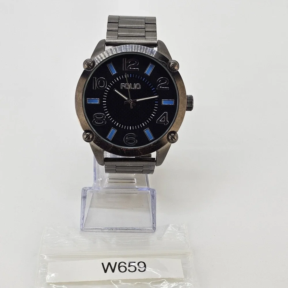 Folio Men Watch 54MM Black Dial Gun Metal Gray Bracelet Band 7.25